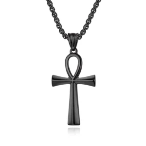 RENSINO Trendy Hiphop Men’s Stainless Steel Antique Egyptian Ankh Cross Pendant Necklace Gold and Silver Jewelry for Gift