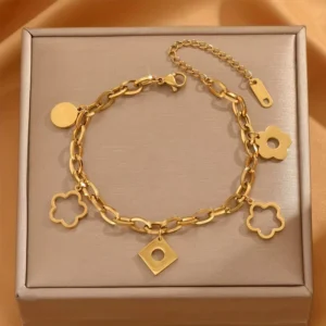 RENSINO Trendy Ins Thick Cuban Chain 18K Gold Plated Stainless Steel Women’s Bracelet Four Leaf Clover Silver Rose Gold Flower Buddhism