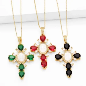 RENSINO Trendy Jewelry Gold Plated Zircon Shell Cross Virgin Mary Charms Pendant Necklaces for Men Women Religious Necklace