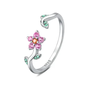 RENSINO Trendy Jewelry S925 Sterling Silver Colour 3A Zircon Flower Open Ring For Women