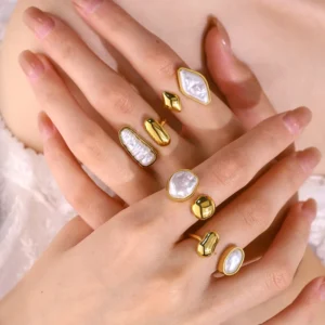 RENSINO Trendy Light Luxury Stainless Steel Geometric Pearl Opening Ring Tarnish Free Women Parties Ring