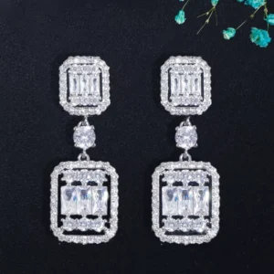 RENSINO Trendy Luxury Square Shape Drop Dangle Earrings for Women Cubic Zirconia Bridal Party Jewelry Bohemia Accessories