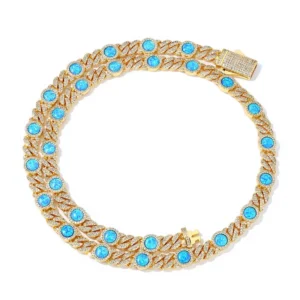 RENSINO Trendy Men’s S925 Silver Moissanite Necklace Customizable Hip Hop Cuban Chain with Blue Gemstone