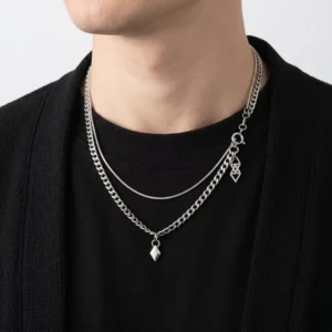 RENSINO Trendy New Design Men 53CM Rhombus Cross Pendant Double Link Chain Stainless Steel Necklace