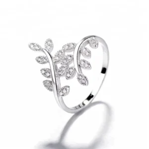 RENSINO Trendy New Fine Jewelry CZ 925 Sterling Silver Leaf Ring for Women Gifts Luxury Zircon Leaf Ring for Daily Wear Jewelry