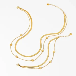 RENSINO Trendy New Style Double Layer Stainless Steel Electroplated Necklace Bracelet Anklet Fashion Jewelry Set