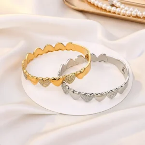 RENSINO Trendy Popular Stainless Steel Cubic Zirconia Heart Charm Buckle Bangle Two tone Love Tennis Bracelet Colorfast Women’s Jewelry