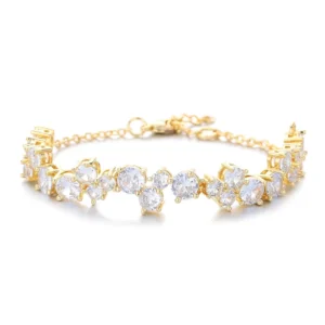 RENSINO Trendy S925 Silver White Gold Plated Moissanite Cluster Link Bracelet Adjustable