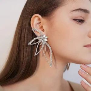 RENSINO Trendy Silver Needle Large Flower Zircon Rhinestone Butterfly Earrings for Women Holiday Party Statement Jewelry Accessories