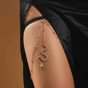 RENSINO Trendy Snake Shape Pendant Leg Chain Black Elastic Band Gold Silver Multilayer Chain Body Jewelry
