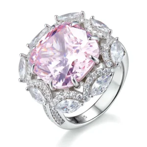 RENSINO Trendy Sparkling Sterling Silver Rings 925 halo Fine Jewelry pink Cubic Zirconia Ring Women