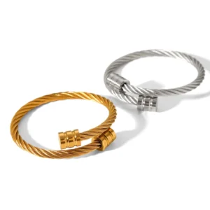 RENSINO Trendy Stainless Steel 18K Gold Plated Retro Wire Knitting Elastic Winding Opening Adjustable Bangle Bracelet for Girls