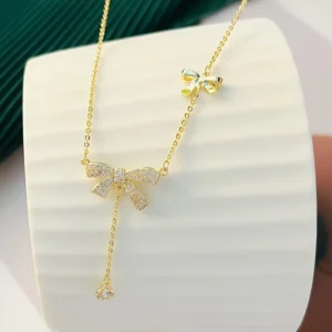 RENSINO Trendy Style Silver Gold Plated Zircon Brass Bowknot Pendant Necklace Cute Design Pendant Collarbone Chain for Jewelry Gift