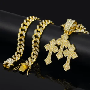 RENSINO Trendy Triple Cross Christian Iced Out Pendant Rhinestone Cuban Link Chain Gold Plated Alloy Religious Hip Hop Unisex Jewelry