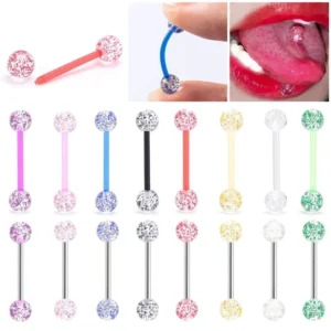 RENSINO Trendy UV Acrylic Glitter Tongue Piercing Barbell 14G Stainless Steel Body Jewelry for Tongue Nipple