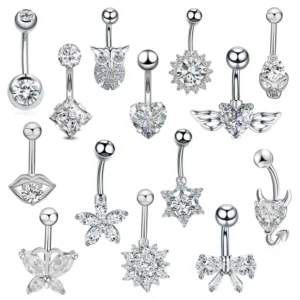 RENSINO Trendy Unique Zircon Navel Ring Silver Jewelry Stainless Steel Belly Button Ring Body Piercing Women Jewelry and Accessories