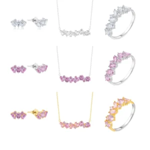 RENSINO Trendy Women’s Gold Plated Pink Zirconia 925 Sterling Silver Necklace Earring Ring Set for Engagement & Anniversary