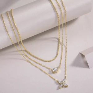 RENSINO Triple layered S925 Sterling Silver Elegant Stacked Design Moissanite Claw Setting Pendant Necklace Set Gold plated for Gifts