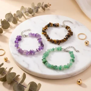 RENSINO Tumbled Gemstone Bracelet Natural Crystal Chip Beaded Adjustable Healing Jewelry for Women Men Bulk