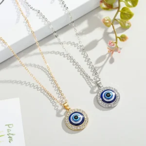 RENSINO Turkish Blue Eye Pendant Necklace Paved Crystal Gold Plated Jewelry Evil Eyes Necklace