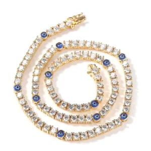 RENSINO Turkish Blue Red Eye Tennis Chain Cubic Zircon Gold Plated Layered Jewelry Icy Stacking Necklace Chain Bracelet For Women Men