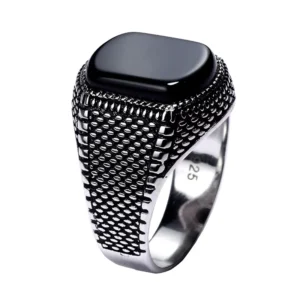 RENSINO Turkish Jewelry Black Ring Men Light-weight 6g Real 925 Sterling Silver Mens Rings Natural Agate Stone Vintage Cool Fashion