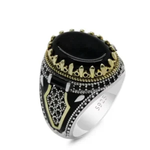 RENSINO Turkish Men’s Silver Ring Inlaid With Black Agate Stone Vintage CZ Enamel Ring Onyx Agate Accessory