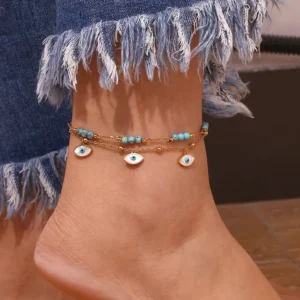 RENSINO Turquoise Eye Anklet Double Layer Gold Plated Stainless Steel Anklets for Women