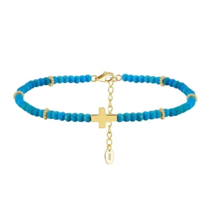RENSINO Turquoise Gemstone Anklet 3x4mm Rondel Beaded Dainty 925 Silver Anklet with Cross Accent Stack Beach Jewelry