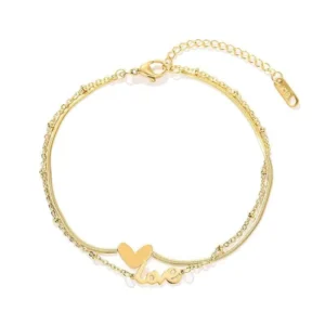RENSINO Two Layer 18K Gold Plated Stainless Steel Anklet Double Layers Snake Chain Heart Love Letter Anklet