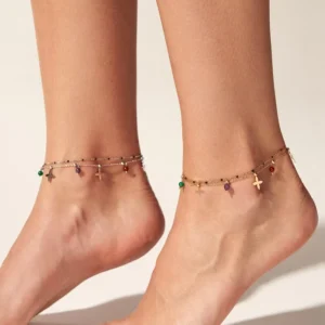 RENSINO Two Layers Natural Stone Cross Charms Romantic Wings Design Fashion Jewelry Anklets for Women’s Stainless Steel 18k Gold Party