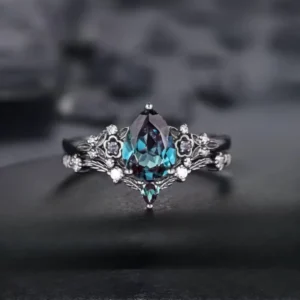 RENSINO Two Pcs Sets Teardrop Shape Blue Stone Rings Women Flower Neo Gothic Alloy Black Gun Plated Wedding Jewelry
