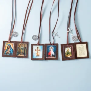 RENSINO Two Sided Felt Strand Religious Pendant Necklace with Divine Mercy Jesus Symbols Silver Cross on Brown Ribbon