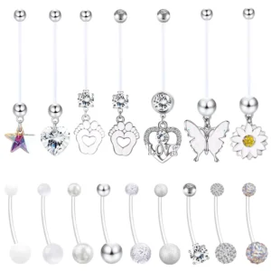RENSINO UV Acrylic White Love Pendant Long Pole Navel Nail Fashionable Body Jewelry for Pregnant Women Belly Zircon for Weddings