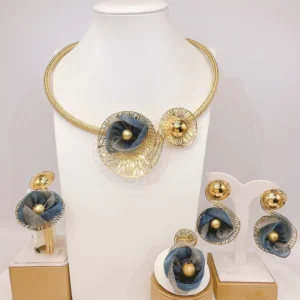 RENSINO Unique Choker Blue Flower Jewelry Set with Bead Trendy Collar Brazalete Aretes Anillo Discount 4PC Set for Navidad Christmas