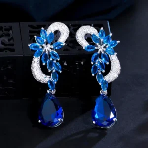 RENSINO Unique Design Silver Plated Elegant Cubic Zircon Flower Drop Stones Long Royal Blue Party Earrings for Women Jewelry Gift