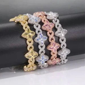 RENSINO Unique Iced Hip Hop Gold Plated Silver 8mm Diamond Flower Chain Four Leaf Clover Bracelet Cubic Zirconia Gift Anniversary