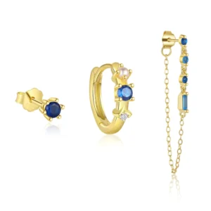 RENSINO Unique S925 Sterling Silver Fine Jewelry Sapphire Blue Zircon Stud Hoop Chain Tassel Dangle Drop Earrings Sets For Women