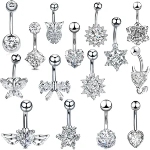 RENSINO Unique Zircon Navel Ring Silver Jewelry Stainless Steel Belly Button Ring Butterfly Navel Nail Body Piercing Jewelry