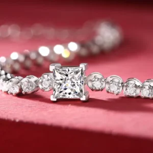 RENSINO Unisex 925 Silver D Color VVS1 Moissanite Princess Cut Tennis Bracelet with Gold Plating
