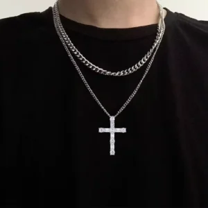 RENSINO Unisex 925 Sterling Silver VVS1 Moissanite Cross Pendant GRA Certified Hip Hop Style Claw Setting Rhodium