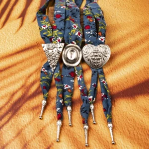 RENSINO Unisex Boho Bolo Tie Necklace Blue Floral with Silver Alloy Pendants Triangle Oval Heart