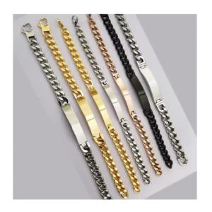 RENSINO Unisex Custom Text Name Jewelry Stainless Steel Engraved Blank Bar Gold Plated Bracelet for Boys
