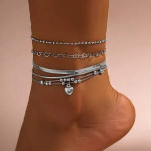 RENSINO Unisex Gold Plated Snake Bone Chain and Love Beaded Waterproof Punk Hip Hop Jewelry Anklet Set