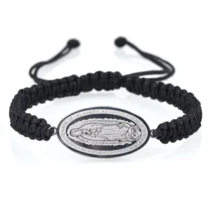 RENSINO Unisex Our Lady of Guadalupe Woven Bracelet with Stainless Steel Oval Medal Adjustable Black Catholic Bangle for Weddings Gifts