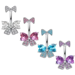 RENSINO Unisex Punk Style Wedding Belly Piercing Jewelry Zircon Butterfly Navel Ring Silver Plated Stainless Steel
