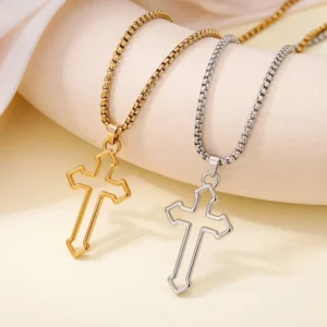 RENSINO Unisex Stainless Steel Scapular Cross Pendant Silver Gold Plated Jesus Religious Jewelry Crown Pattern for Parties Sweater Chain