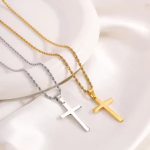 RENSINO Unisex Twisted Chain Featuring Religious Punk Double Cross Titanium Steel Pendant Necklace