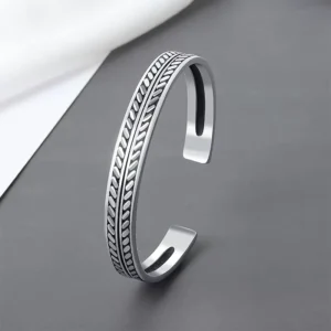 RENSINO Unisex Vintage Ethnic Style Bracelet Antique Silver Plated Geometric Feathered Leaf Design Bangle Charm for Fashion