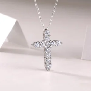 RENSINO VVS Diamond Moissanite Cross Pendant Necklaces 925 Sterling Silver Jesus Cross Design Necklace Men Women Fine Jewelry